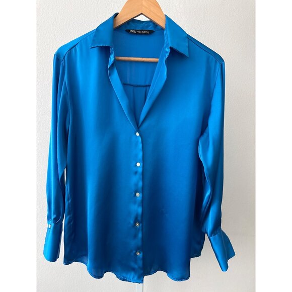 Zara Button Down Blouse Size XSmall Cobalt Blue Satin Corporate Core Polished - Picture 3 of 16